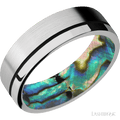 7 mm wide/Flat/14K White Gold band with one 0.5 mm Off Center inlay of Black also featuring a Abalone sleeve.