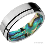 7 mm wide/Flat/14K White Gold band with one 0.5 mm Off Center inlay of Black also featuring a Abalone sleeve.