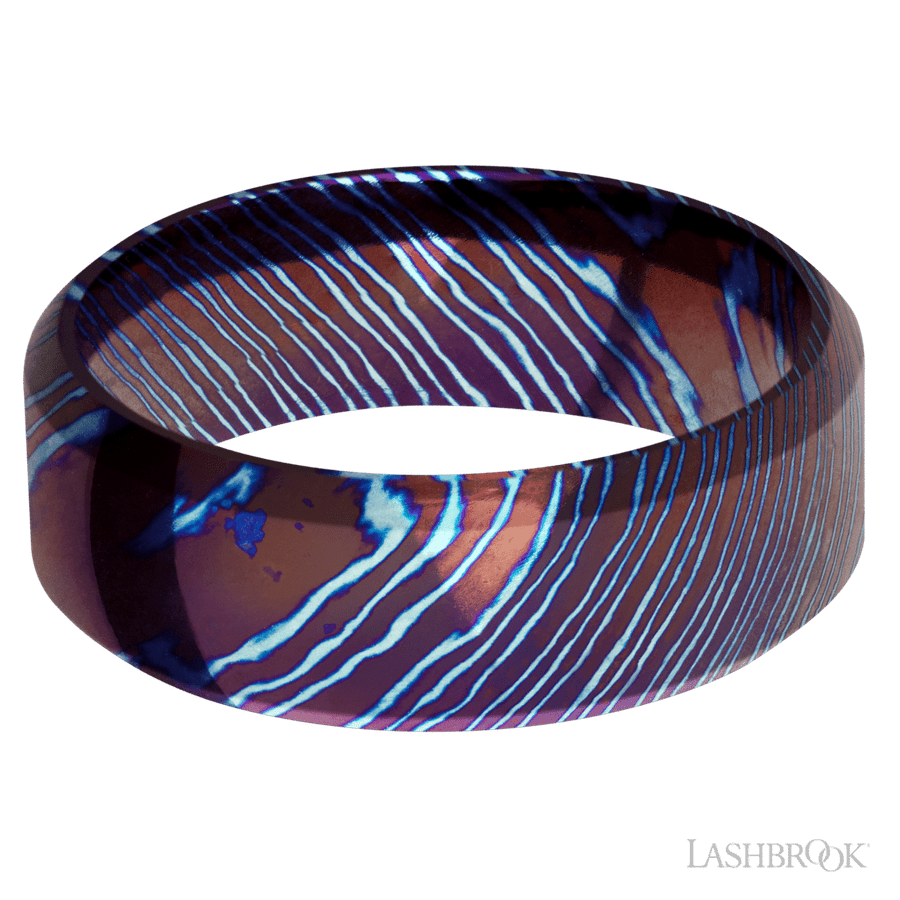 8 mm wide High Bevel Titanium Damascus band.
