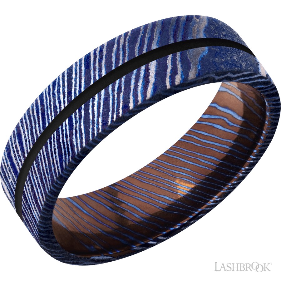 7 mm wide/Flat/Titanium Damascus band with one 1 mm Centered inlay of Black.