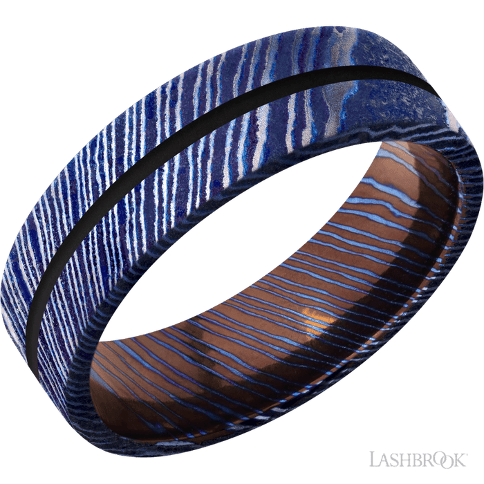 7 mm wide/Flat/Titanium Damascus band with one 1 mm Centered inlay of Black.