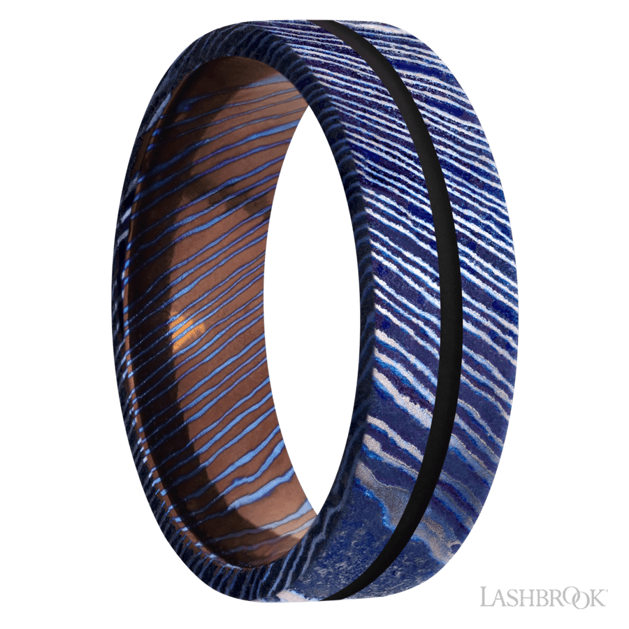 7 mm wide/Flat/Titanium Damascus band with one 1 mm Centered inlay of Black.