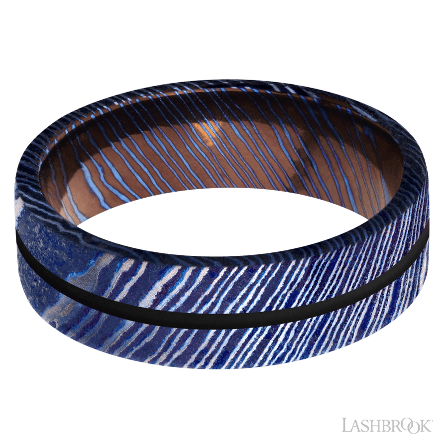 7 mm wide/Flat/Titanium Damascus band with one 1 mm Centered inlay of Black.