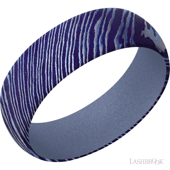 7 mm wide Domed Titanium Damascus band featuring a Crushed Orchid sleeve.