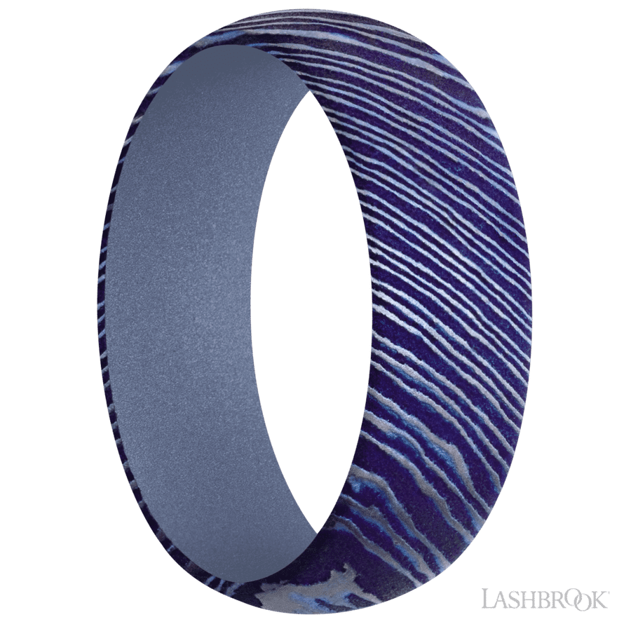 7 mm wide Domed Titanium Damascus band featuring a Crushed Orchid sleeve.