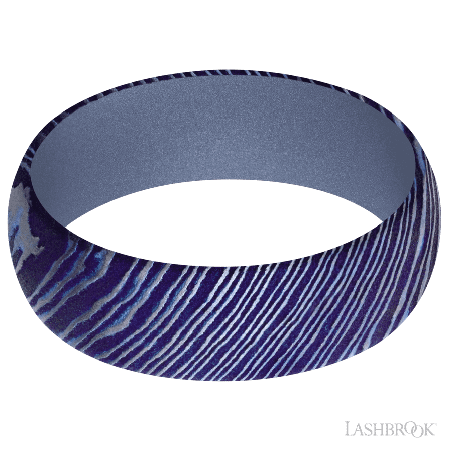 7 mm wide Domed Titanium Damascus band featuring a Crushed Orchid sleeve.
