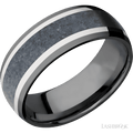 8 mm wide/Domed/Zirconium band featuring inlays of 14K White Gold and Blue Sapphire.