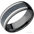 8 mm wide/Domed/Zirconium band featuring inlays of 14K White Gold and Blue Sapphire.