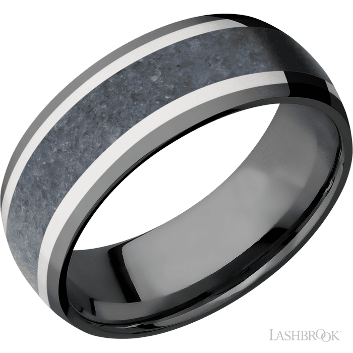 8 mm wide/Domed/Zirconium band featuring inlays of 14K White Gold and Blue Sapphire.