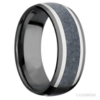 8 mm wide/Domed/Zirconium band featuring inlays of 14K White Gold and Blue Sapphire.