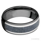 8 mm wide/Domed/Zirconium band featuring inlays of 14K White Gold and Blue Sapphire.