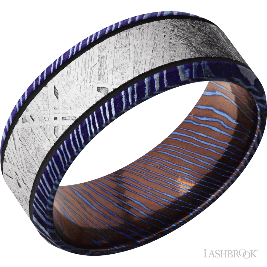 8 mm wide/Beveled/Titanium Damascus band with one 5 mm Centered inlay of Meteorite.
