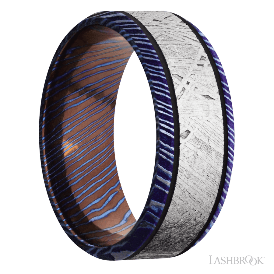 8 mm wide/Beveled/Titanium Damascus band with one 5 mm Centered inlay of Meteorite.