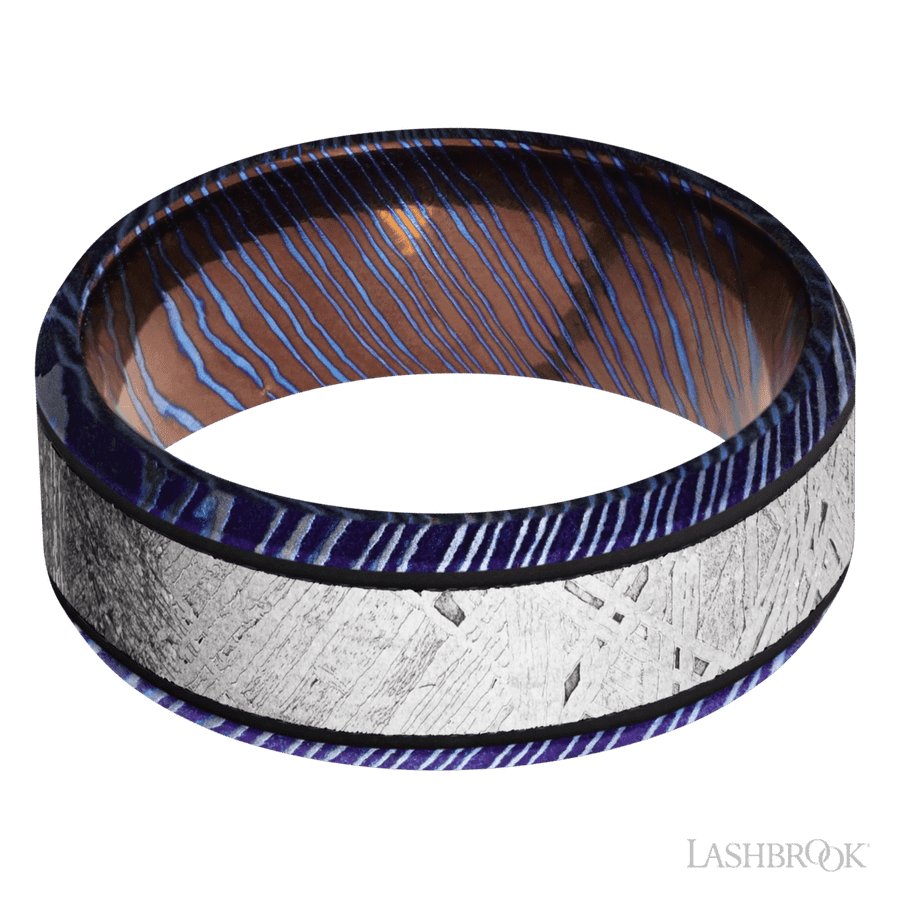 8 mm wide/Beveled/Titanium Damascus band with one 5 mm Centered inlay of Meteorite.