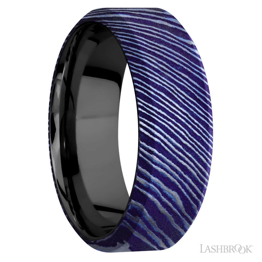 8 mm wide High Bevel Titanium Damascus band featuring a Zirconium sleeve.