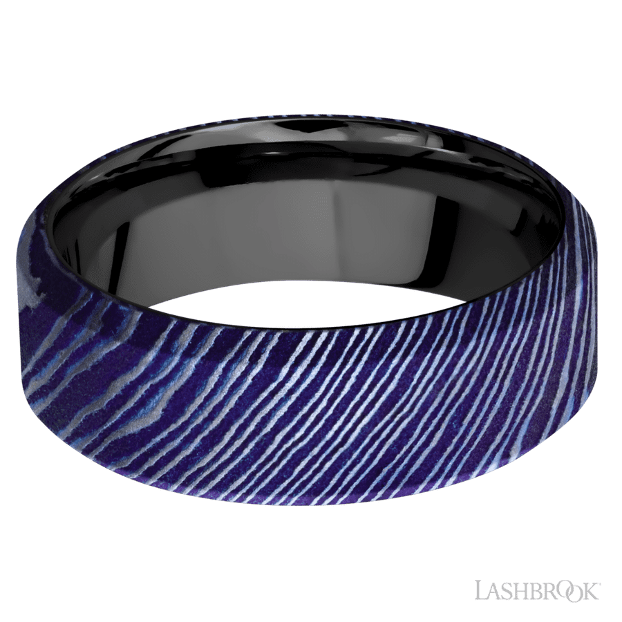 8 mm wide High Bevel Titanium Damascus band featuring a Zirconium sleeve.