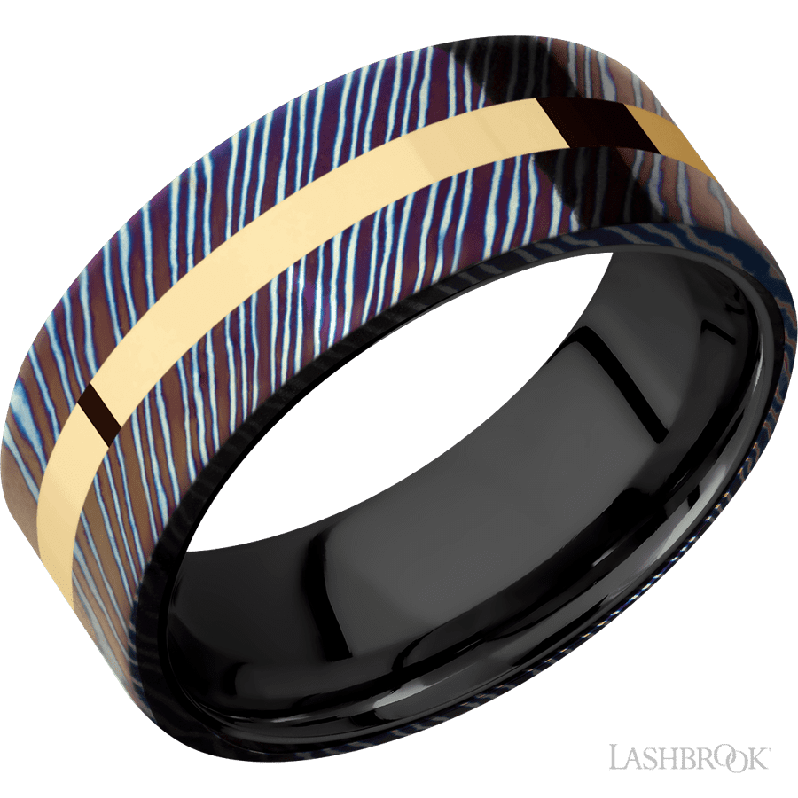 8 mm wide/Flat/Titanium Damascus band with one 2 mm Centered inlay of 14K Yellow Gold also featuring a Zirconium sleeve.