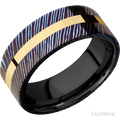 8 mm wide/Flat/Titanium Damascus band with one 2 mm Centered inlay of 14K Yellow Gold also featuring a Zirconium sleeve.