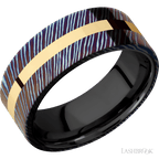 8 mm wide/Flat/Titanium Damascus band with one 2 mm Centered inlay of 14K Yellow Gold also featuring a Zirconium sleeve.