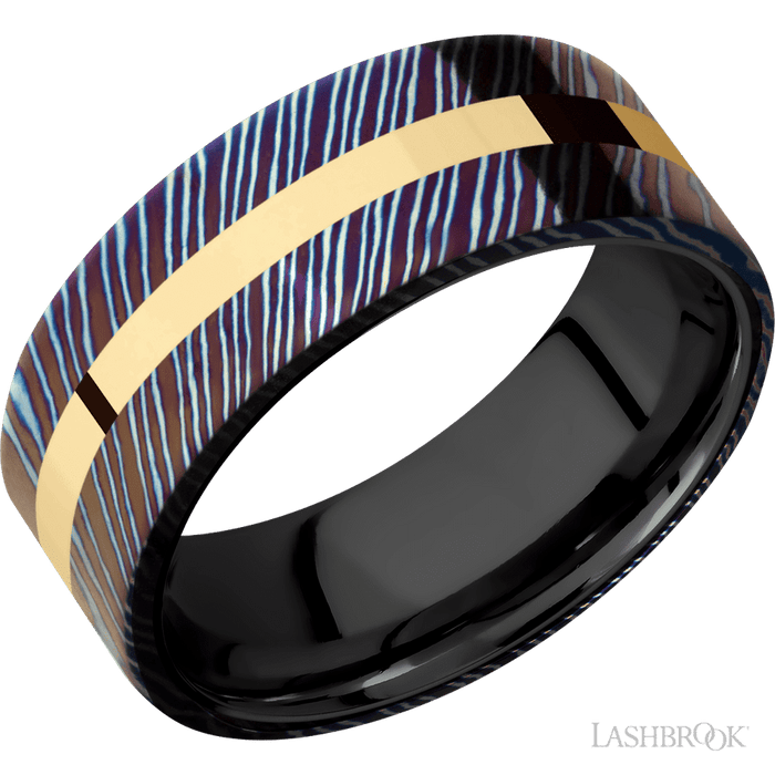 8 mm wide/Flat/Titanium Damascus band with one 2 mm Centered inlay of 14K Yellow Gold also featuring a Zirconium sleeve.