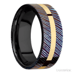 8 mm wide/Flat/Titanium Damascus band with one 2 mm Centered inlay of 14K Yellow Gold also featuring a Zirconium sleeve.