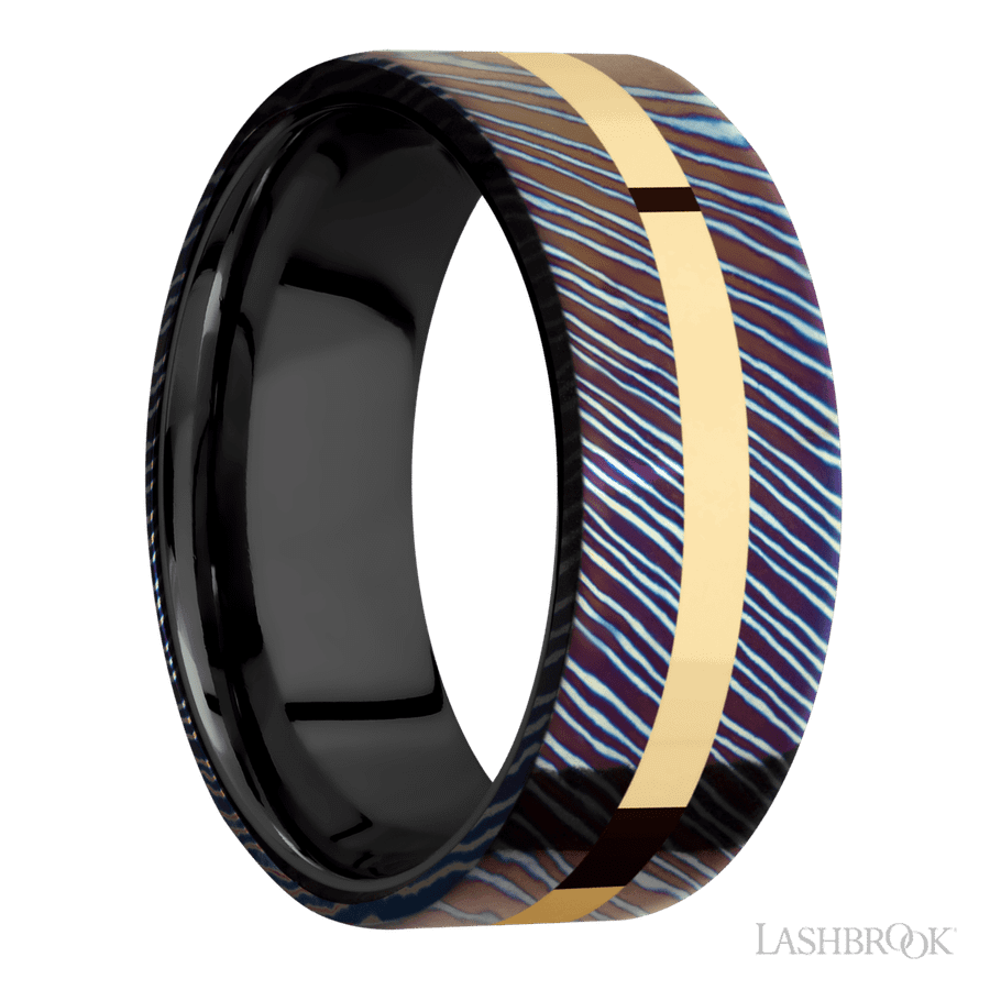 8 mm wide/Flat/Titanium Damascus band with one 2 mm Centered inlay of 14K Yellow Gold also featuring a Zirconium sleeve.