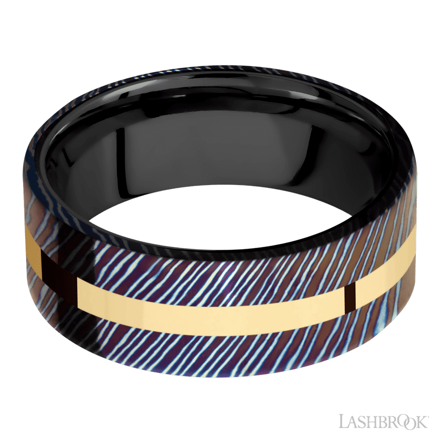 8 mm wide/Flat/Titanium Damascus band with one 2 mm Centered inlay of 14K Yellow Gold also featuring a Zirconium sleeve.