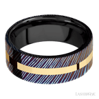 8 mm wide/Flat/Titanium Damascus band with one 2 mm Centered inlay of 14K Yellow Gold also featuring a Zirconium sleeve.