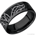8 mm wide/Flat/Zirconium band with one 6 mm Centered inlay of Tantalum with a laser carved Branches pattern.