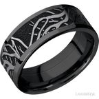 8 mm wide/Flat/Zirconium band with one 6 mm Centered inlay of Tantalum with a laser carved Branches pattern.