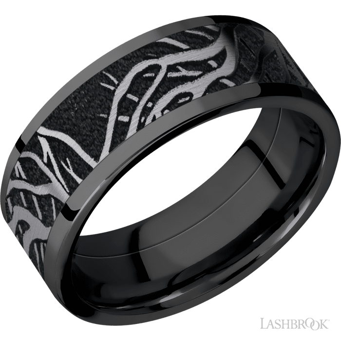 8 mm wide/Flat/Zirconium band with one 6 mm Centered inlay of Tantalum with a laser carved Branches pattern.