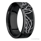 8 mm wide/Flat/Zirconium band with one 6 mm Centered inlay of Tantalum with a laser carved Branches pattern.