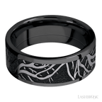 8 mm wide/Flat/Zirconium band with one 6 mm Centered inlay of Tantalum with a laser carved Branches pattern.