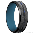 7 mm wide/Beveled/Zirconium band featuring inlays of Forged Carbon Fiber and Blue Tiger Eye also featuring a Royal Blue sleeve.