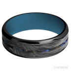 7 mm wide/Beveled/Zirconium band featuring inlays of Forged Carbon Fiber and Blue Tiger Eye also featuring a Royal Blue sleeve.