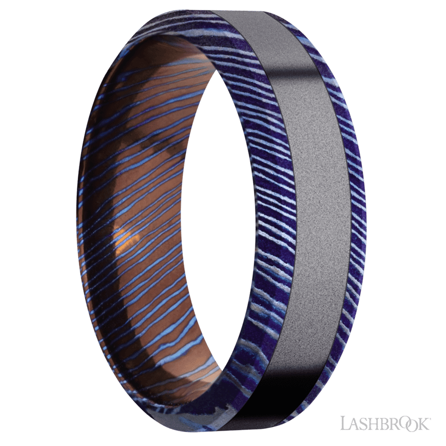 7 mm wide/High Bevel/Titanium Damascus band with one 3 mm Centered inlay of Tantalum.