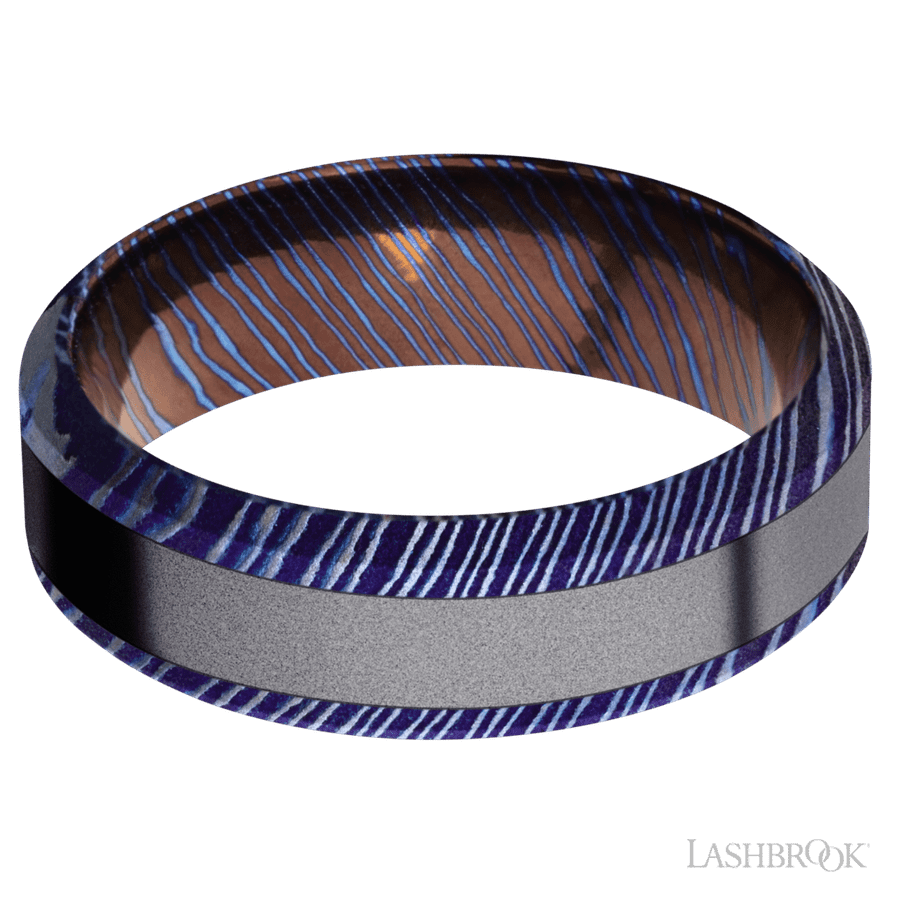 7 mm wide/High Bevel/Titanium Damascus band with one 3 mm Centered inlay of Tantalum.