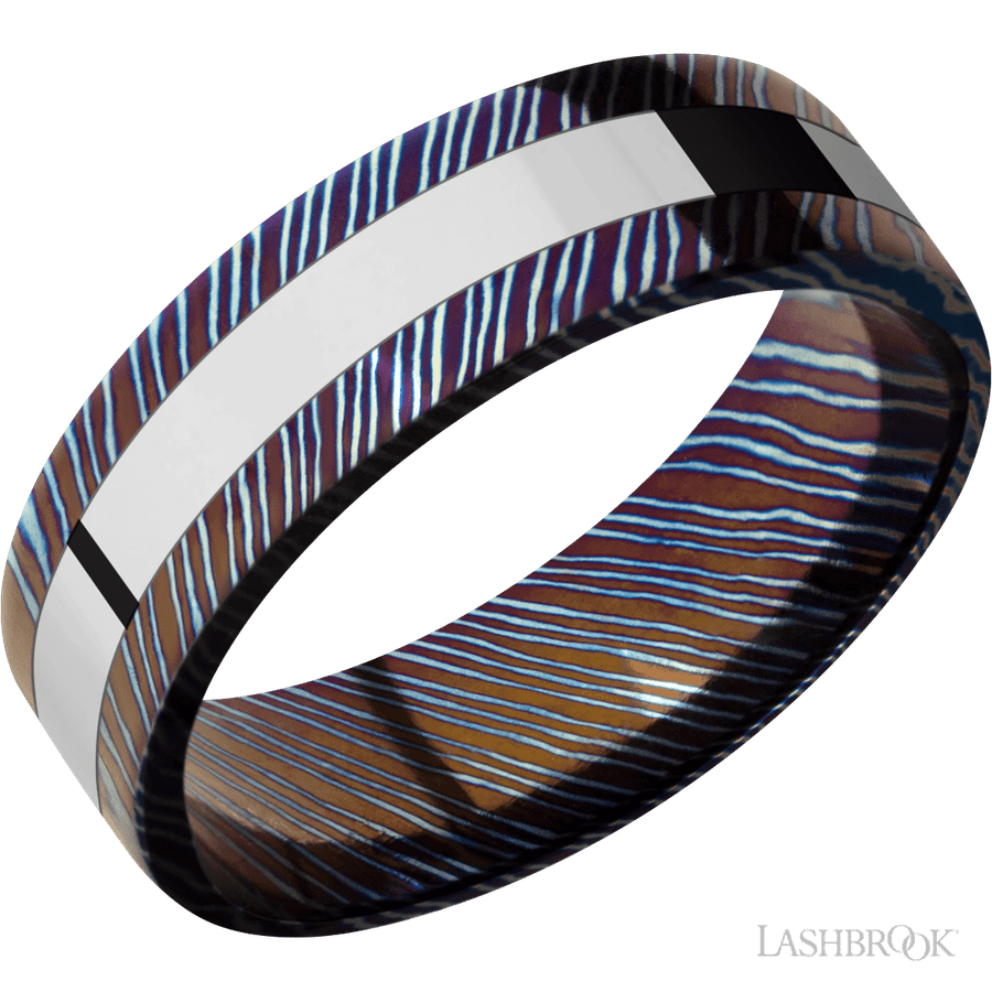 7 mm wide/Flat/Titanium Damascus band with one 3 mm Centered inlay of Cobalt Chrome.