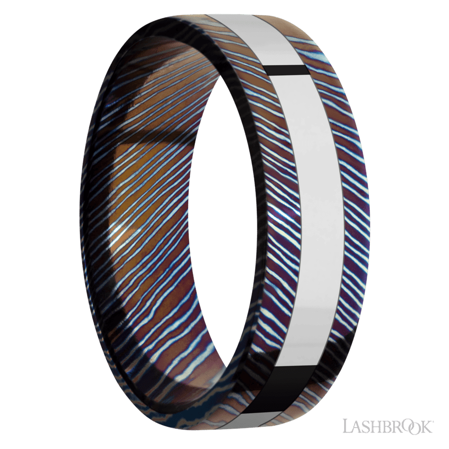 7 mm wide/Flat/Titanium Damascus band with one 3 mm Centered inlay of Cobalt Chrome.