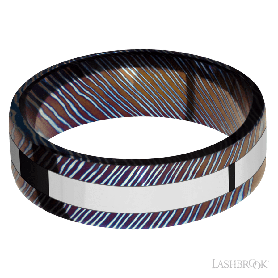 7 mm wide/Flat/Titanium Damascus band with one 3 mm Centered inlay of Cobalt Chrome.