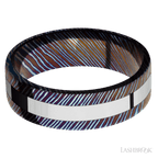 7 mm wide/Flat/Titanium Damascus band with one 3 mm Centered inlay of Cobalt Chrome.