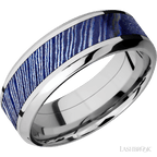 8 mm wide/High Bevel/Cobalt Chrome band with one 4 mm Centered inlay of Titanium Damascus.