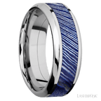 8 mm wide/High Bevel/Cobalt Chrome band with one 4 mm Centered inlay of Titanium Damascus.