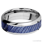 8 mm wide/High Bevel/Cobalt Chrome band with one 4 mm Centered inlay of Titanium Damascus.