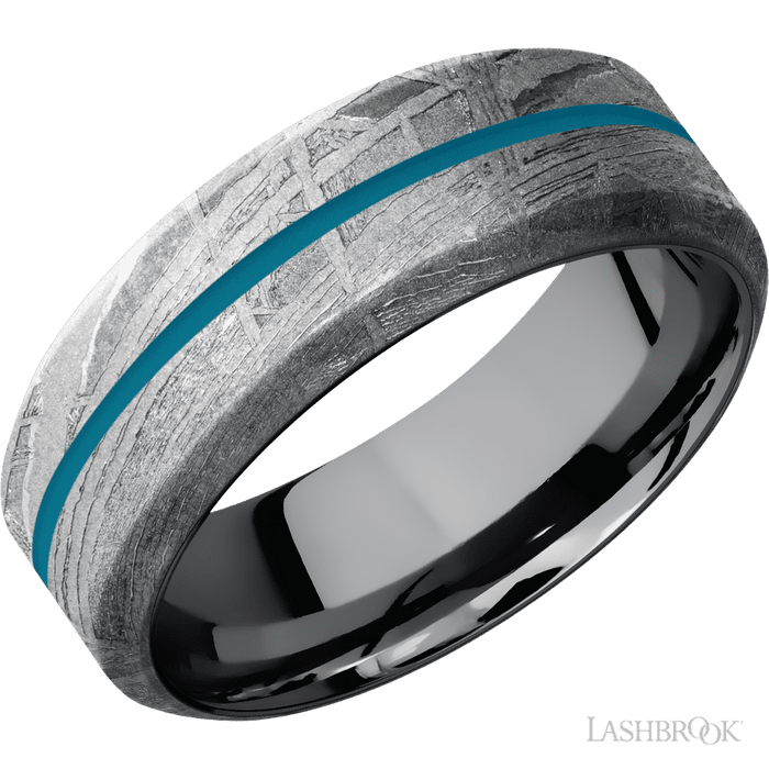 8 mm wide/High Bevel/Meteorite band with one 1 mm Centered inlay of Sea Blue also featuring a Tantalum sleeve.