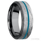 8 mm wide/High Bevel/Meteorite band with one 1 mm Centered inlay of Sea Blue also featuring a Tantalum sleeve.