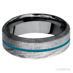 8 mm wide/High Bevel/Meteorite band with one 1 mm Centered inlay of Sea Blue also featuring a Tantalum sleeve.