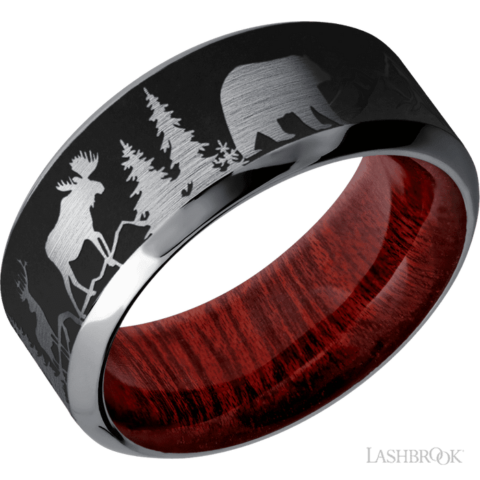 9 mm wide/High Bevel/Tantalum band with a laser carved Bear Moose Deer Mountain pattern also featuring a Blood Wood sleeve.