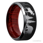 9 mm wide/High Bevel/Tantalum band with a laser carved Bear Moose Deer Mountain pattern also featuring a Blood Wood sleeve.