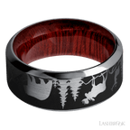 9 mm wide/High Bevel/Tantalum band with a laser carved Bear Moose Deer Mountain pattern also featuring a Blood Wood sleeve.